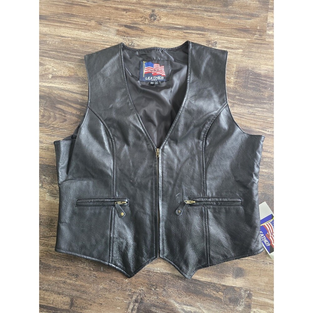 Leather U.S.A. Vintage 100% Leather Vest American Flag Biker Moto Jacket